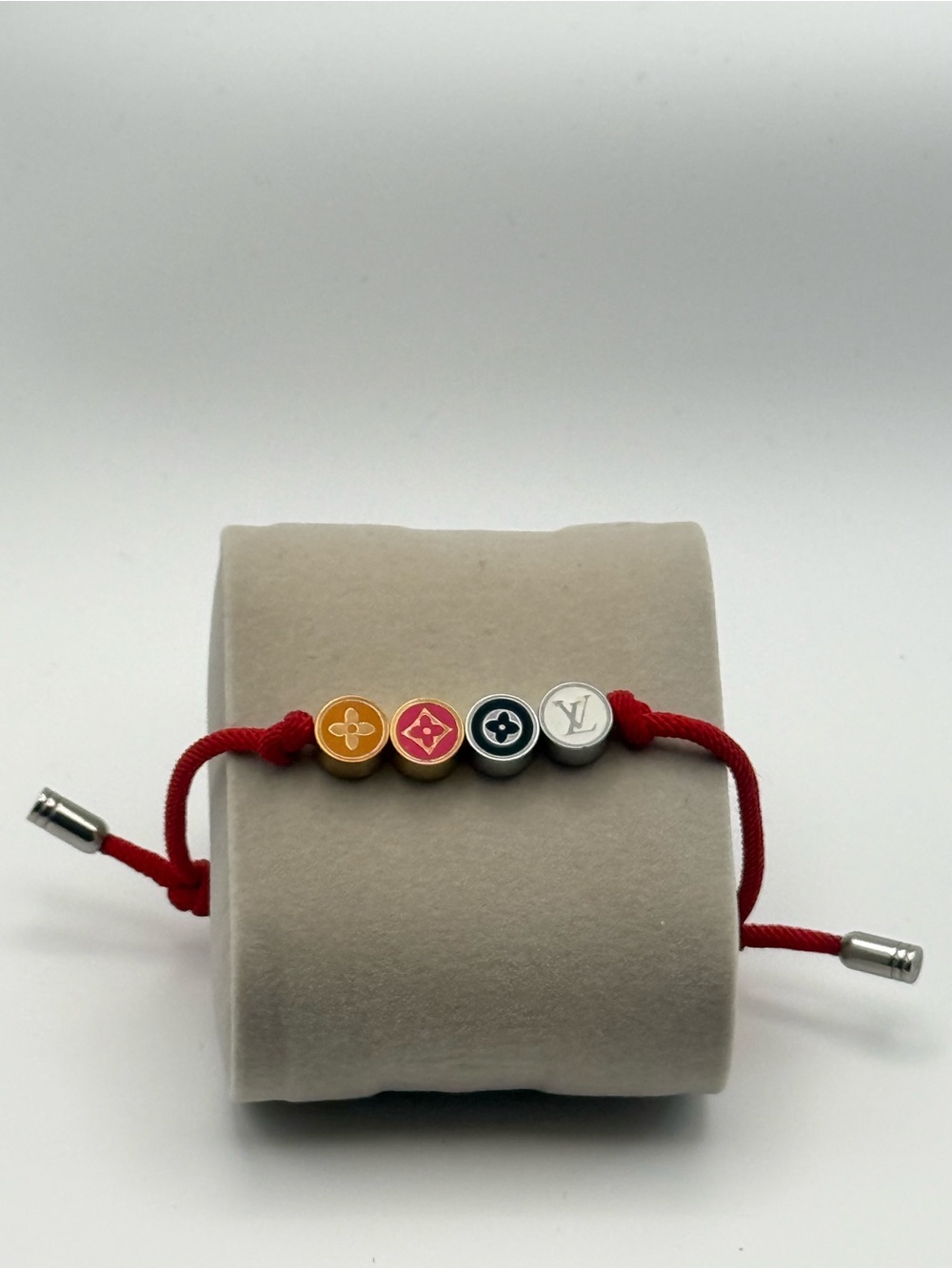 Designer Inspired Red Cord Bracelet with Multicolor Logo Accent Beads